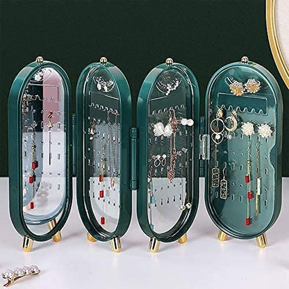 Jewellery Box Organiser With Mirror – Foldable Exquisite Dust proof Jewelry Storage Case Multi-function Screen Shaped Metal Display Jewelry Stand For Earring – Necklace & Bracelet (random