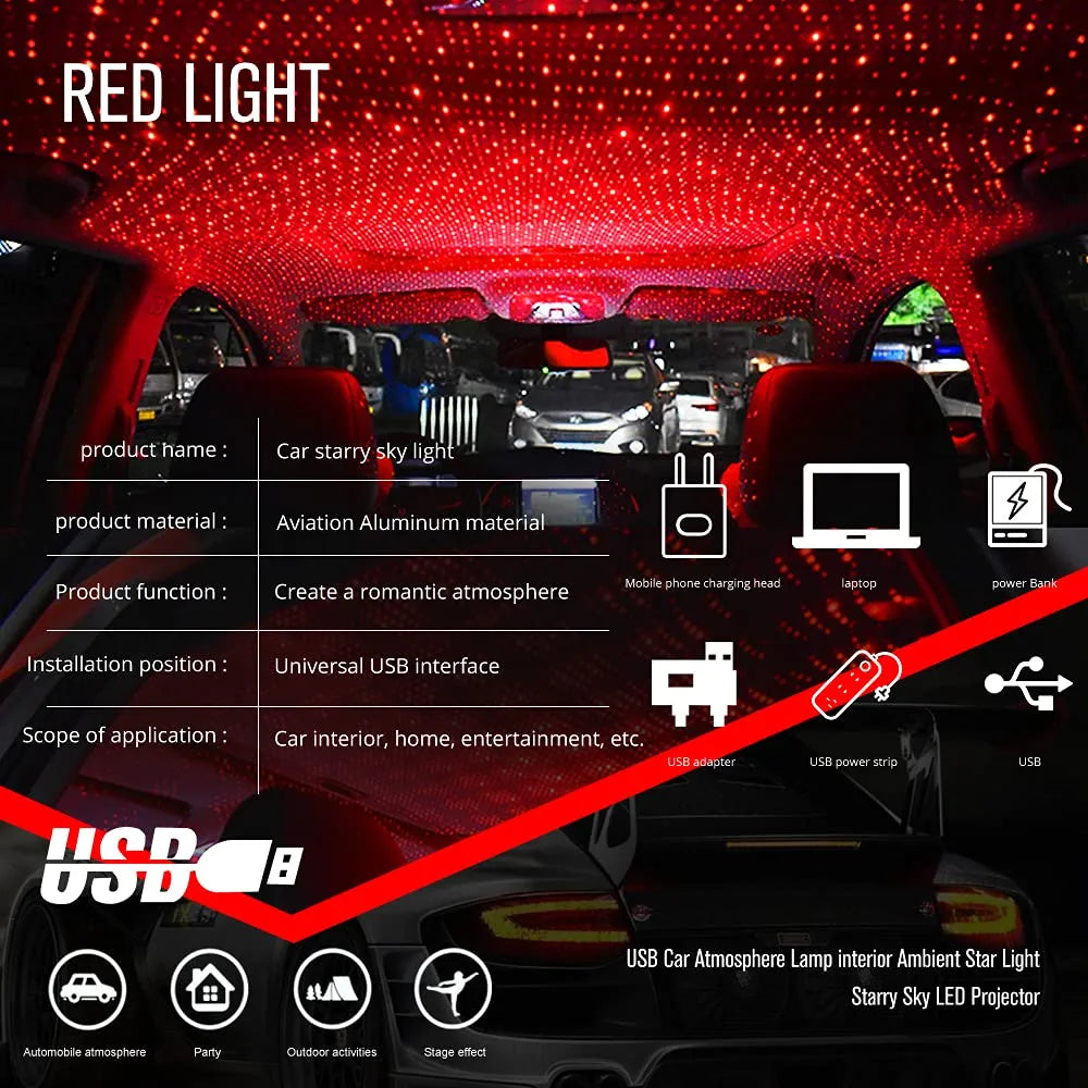 Car Roof Projection Light Usb Portable Star Night Light Adjustable Led Galaxy Atmosphere Light Interior Ceiling Projector - H&A Accessorize